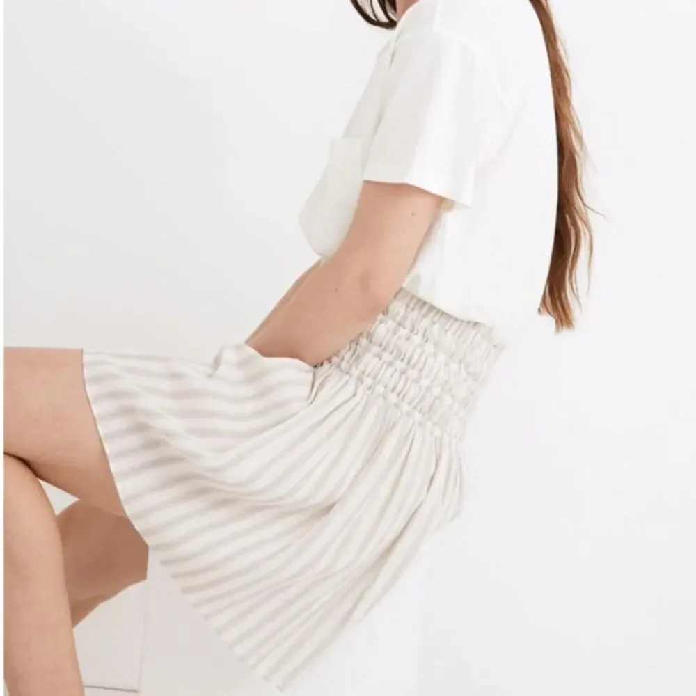 Madewell Smocked Linen Pull-On Mini Flared Flowing Skirt in Cool Fog Stripe